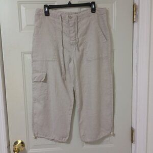 Elan 100% Linen Cargo Capri Pants Size M Womens Beige
